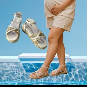 JF Cream Gold Rope Slide Padded Criss Cross Strap Faux  Open Toe Sandal Sz‎ 10